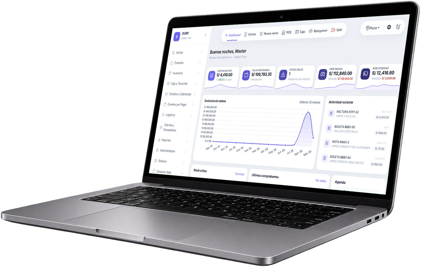 Pantalla del sistema Bumi con las ventas del día, la caja disponible y los últimos comprobantes emitidos